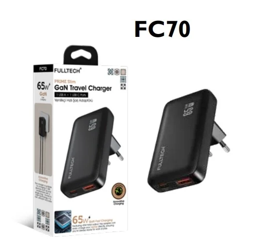 FC70 65W, Hızlı Şarj Adaptörü 1xUSB-A + 1xUSB-C Çıkışlı, GaN Yenilikçi Hızlı Şarj Adaptörü