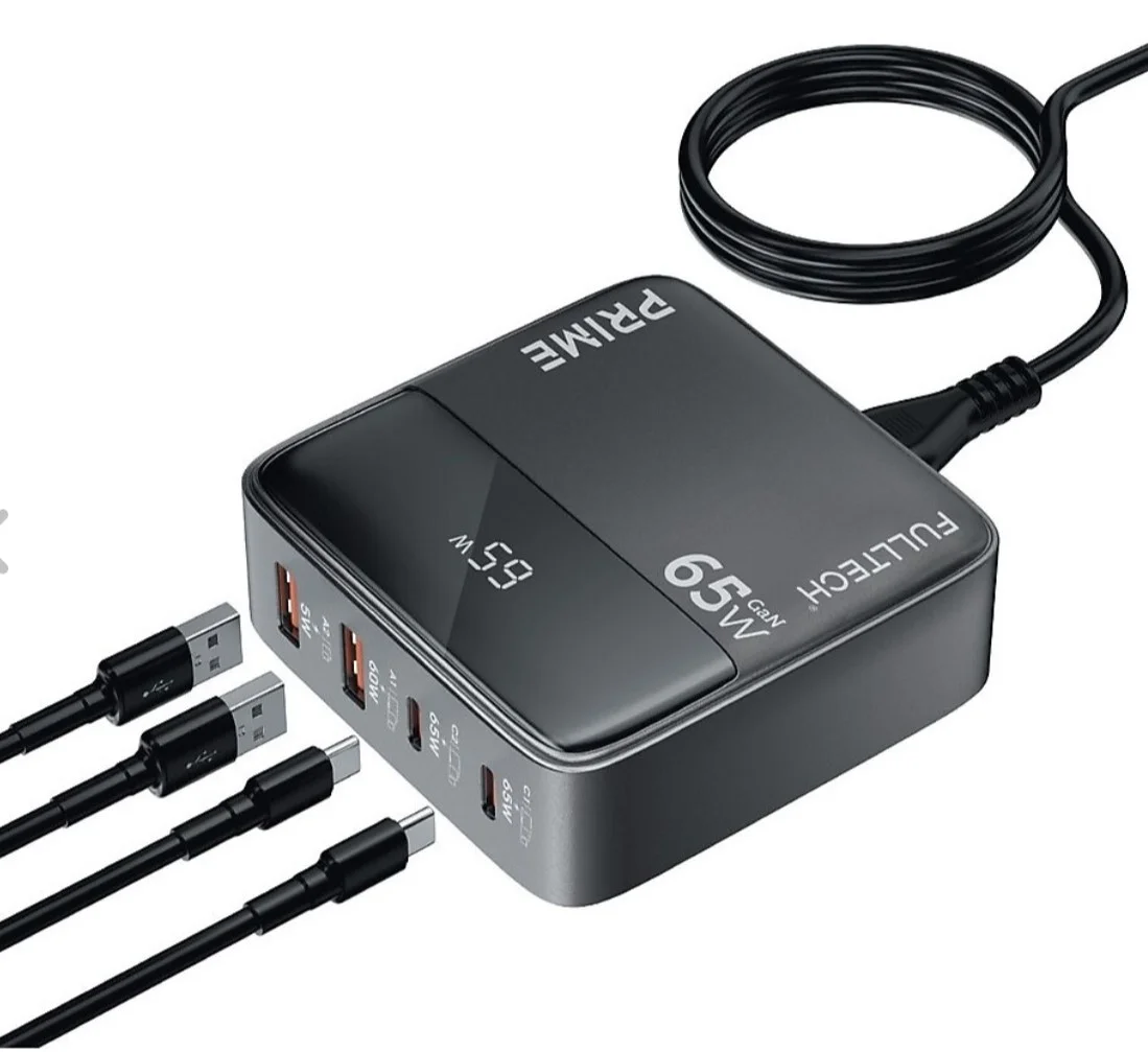 Fulltech 65W 4in1 Gan Masaüstü Hızlı Şarj Cihazı | 2 USB + 2 Type-C Pd Qc 3.0 LCD Ekranlı FC55