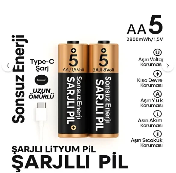 Type-C Şarjlı 2800mah 1.5V Şarj Edilebilir 2'li AA Kalın Pil - lityum iyon Batarya FP28