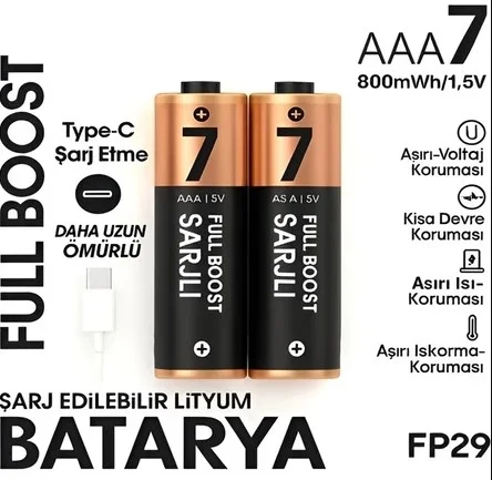 Type-c Şarjlı 800mah 1.5v Şarj Edilebilir 2 li Aaa İnce Pil - Lityum Iyon Batarya FP29